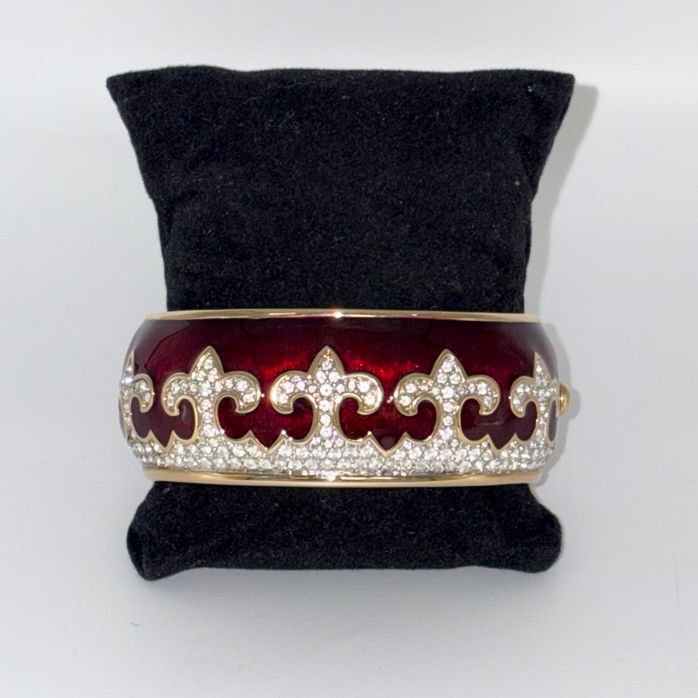 Swarovski Red Enamel Crystal Bracelet Wide Guilloche Fleur De Lis Vintage 1980s
